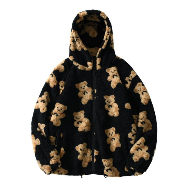 Bear Teddy Tryck Plush Jacka Fluffy Huva Outerwear