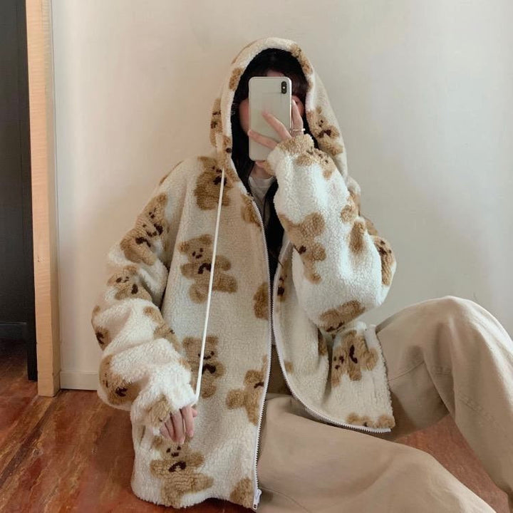 Bear Teddy Tryck Plush Jacka Fluffy Huva Outerwear