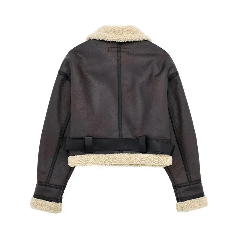 | Sheepskin Jacka - Kort Model - oversize Passform - värm Ull Foder - dragkedjestängning