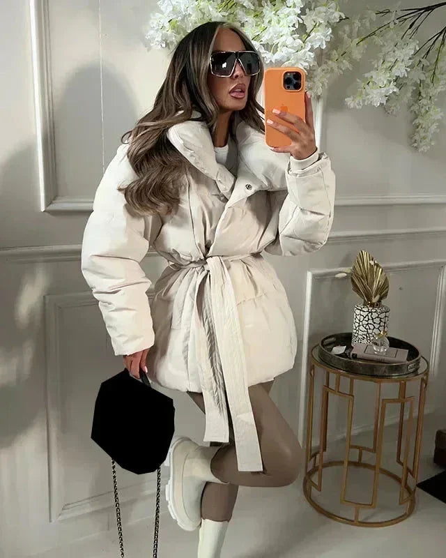| Jacka med Belt för Dam värm Brun Jacka med oversize Krage