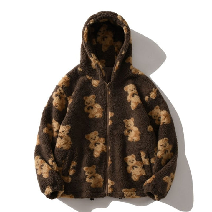 Bear Teddy Tryck Plush Jacka Fluffy Huva Outerwear