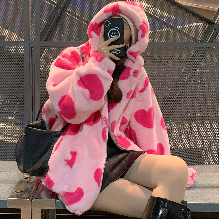 Bear Teddy Tryck Plush Jacka Fluffy Huva Outerwear