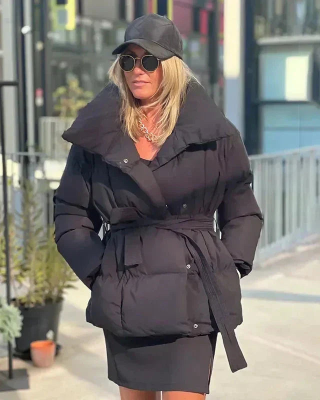 | Jacka med Belt för Dam värm Brun Jacka med oversize Krage