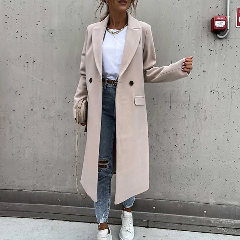 | Dam Lång vinter Kappa i casual Chic Stil med slagkrage och Fickor