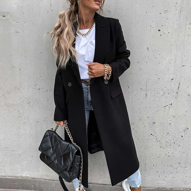 | Dam Lång vinter Kappa i casual Chic Stil med slagkrage och Fickor