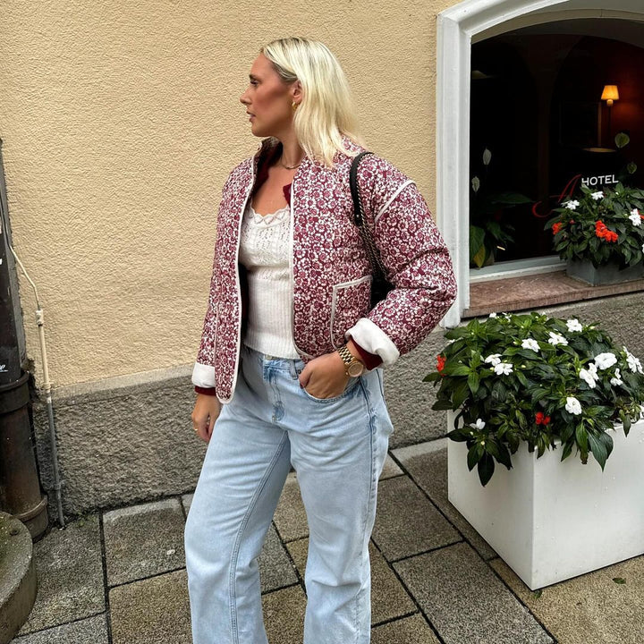 | Dam Floral quiltad Jacka med Fickor och Långa ärmar