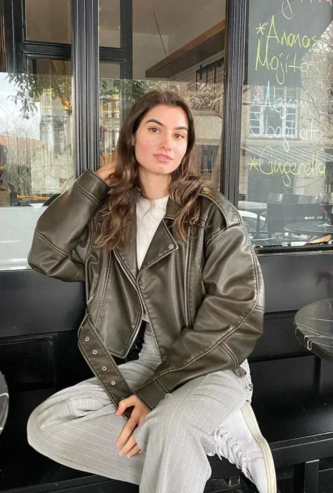 | Dam Cropped fuskläder bikerjacka med skräddad Midja