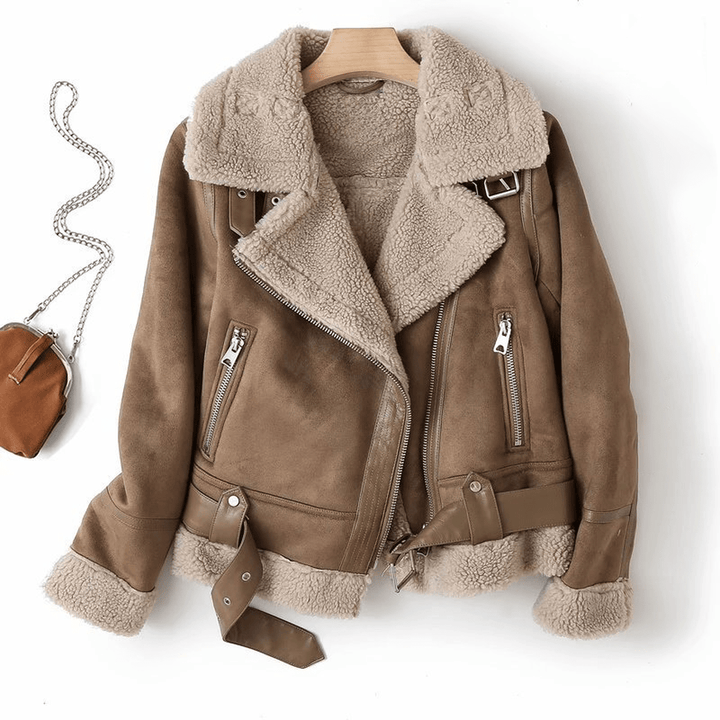 | Dam Sherpa Lined Läder Jacka med ribbade muddar