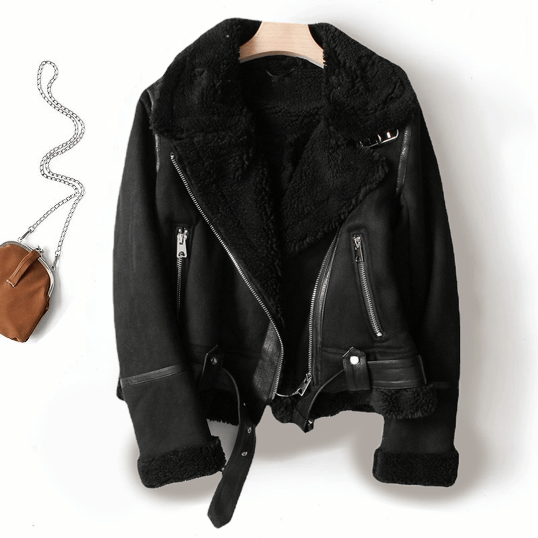 | Dam Sherpa Lined Läder Jacka med ribbade muddar