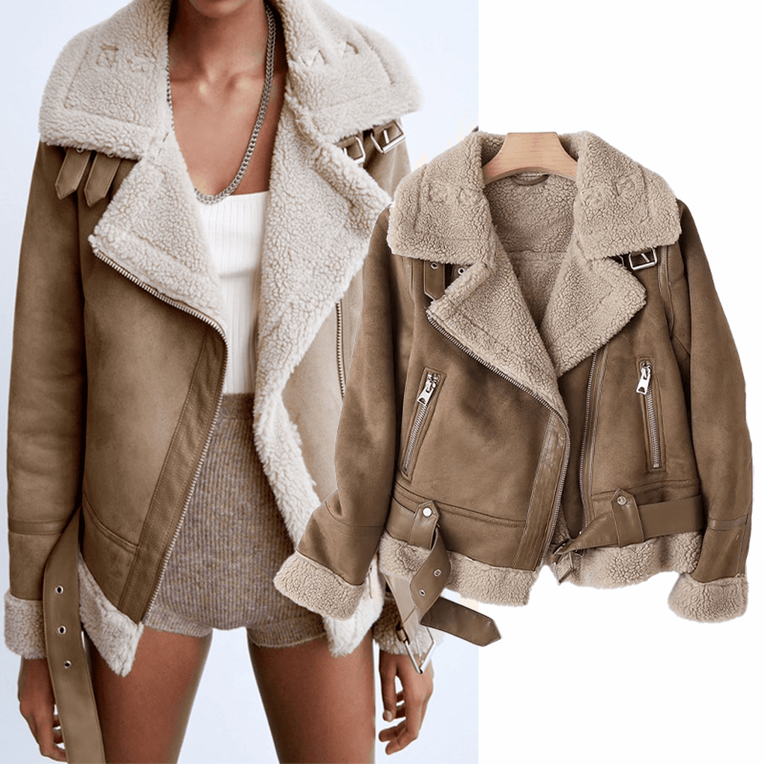 | Dam Sherpa Lined Läder Jacka med ribbade muddar