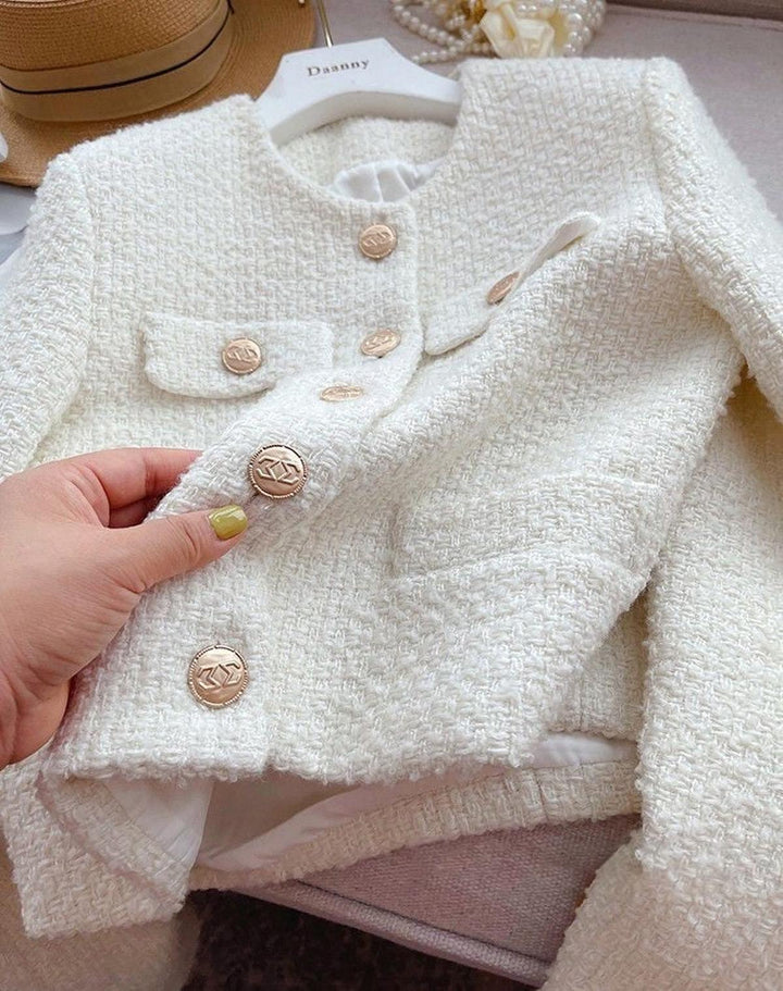 | Dam Tweed Jacka med Round Neckline och knäppslå