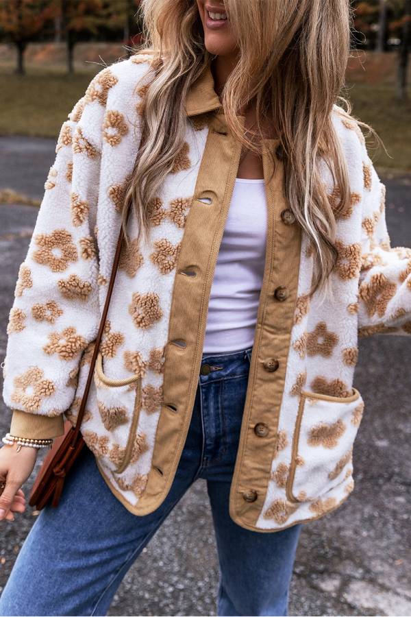 | French Beige Sweet Floral Mönster knäppslå Fleece Jacka