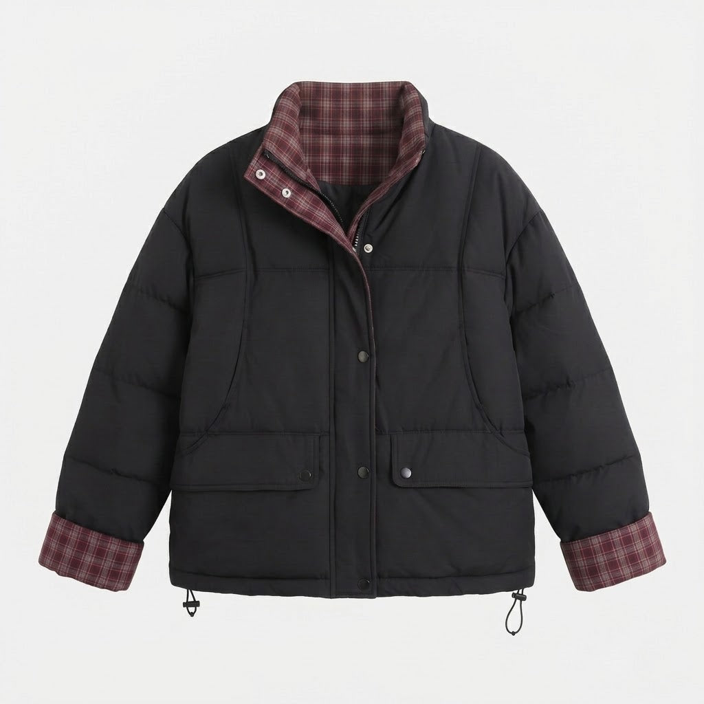 Dam Kort Vadderad Boxig Blouson med Checked Foder, Hög Krage och Patch Lock Fickor