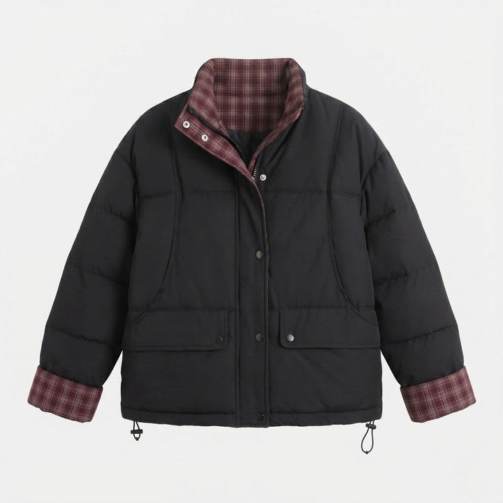 Dam Kort Vadderad Boxig Blouson med Checked Foder, Hög Krage och Patch Lock Fickor