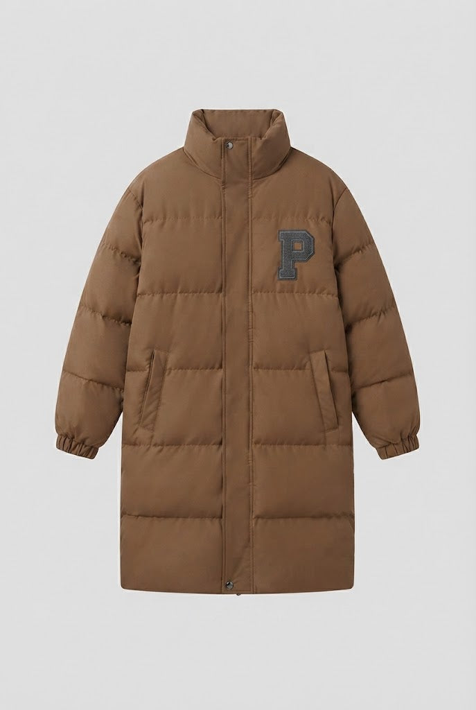 Dam Longer Boxig Thermo Puffer med Hög Stå Krage, College Patch, och Noise-Reducing Outer Shell
