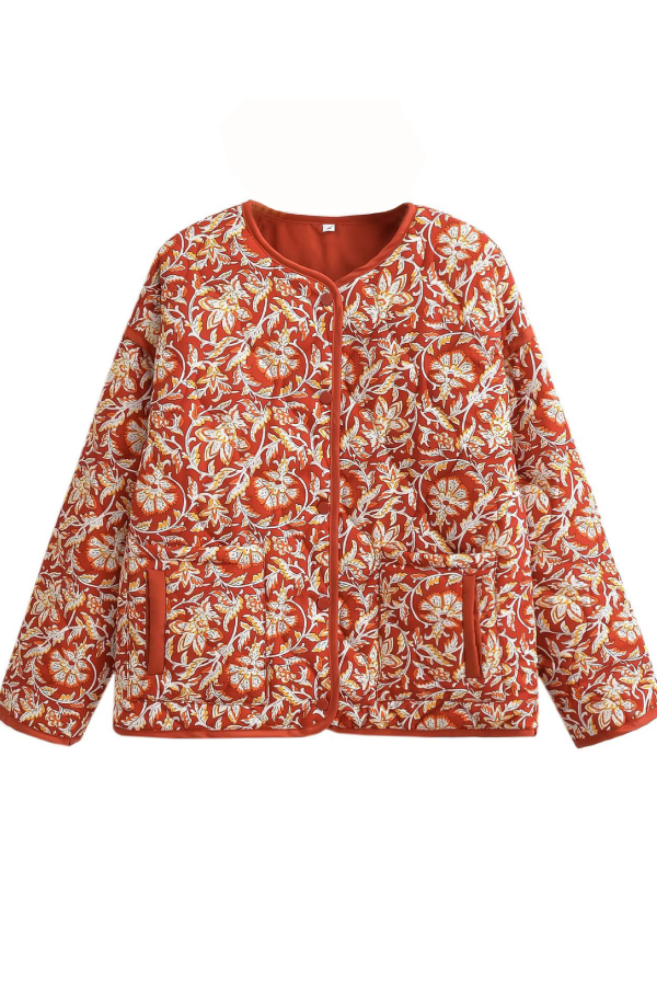 | Neck Floral Tryck Lös quiltad Bomull Jacka