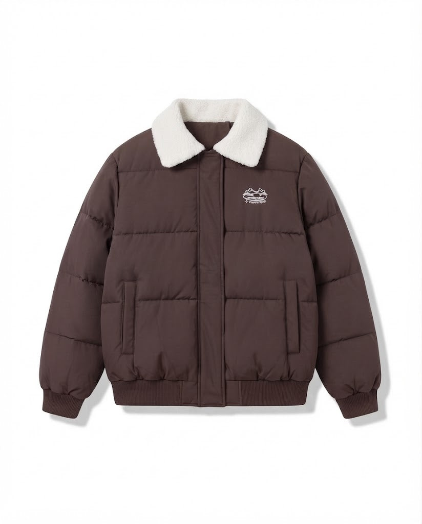Dam Urban Boxig Puffer med Sherpa Shawl Krage, Quiltad Square Design och Elastic Ribbed Muddar