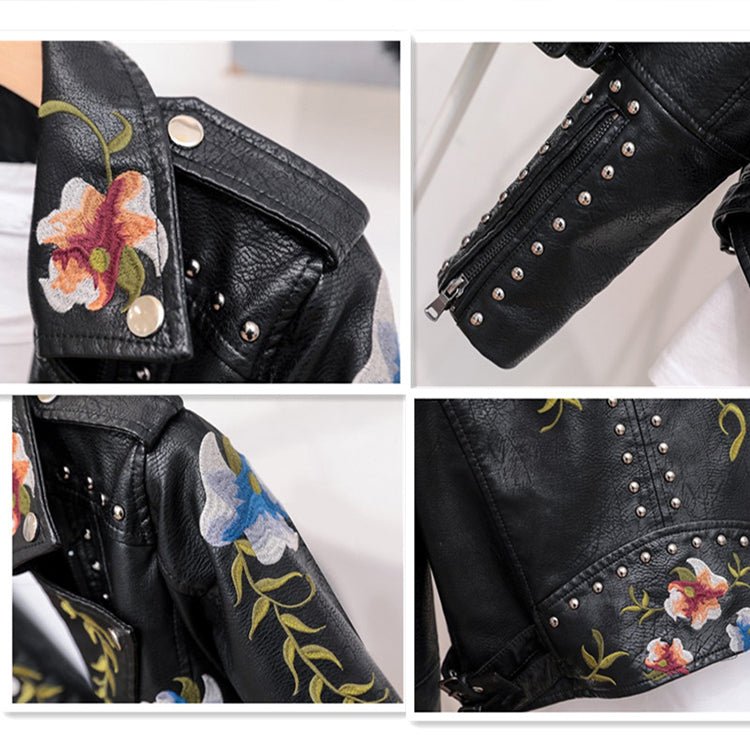 | Dam läder jacka med stud accent och floral mönster