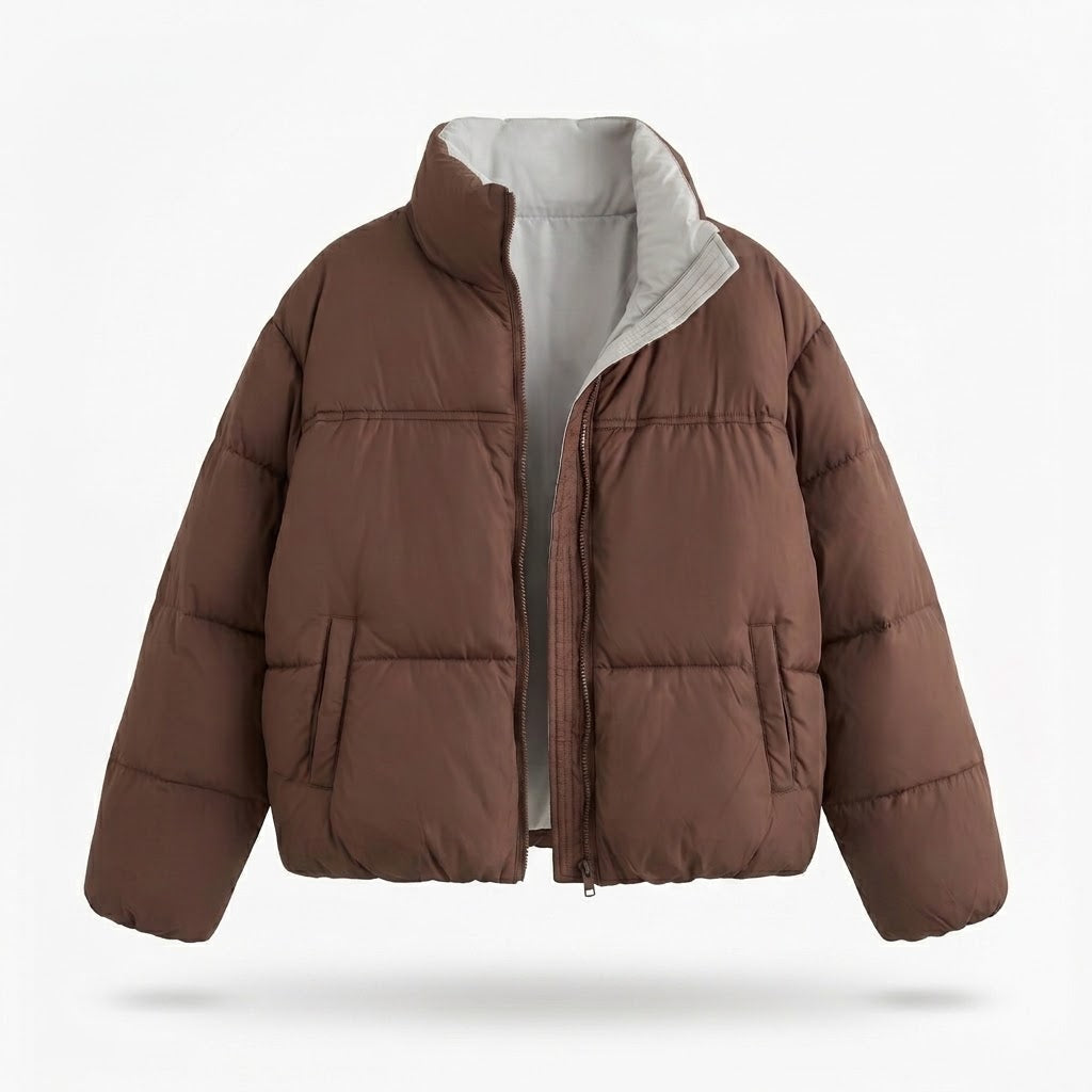 Dam Kort Vadderad Boxig Puffer med Two-Layer Stå Krage och Dold Dragkedja Knäppning