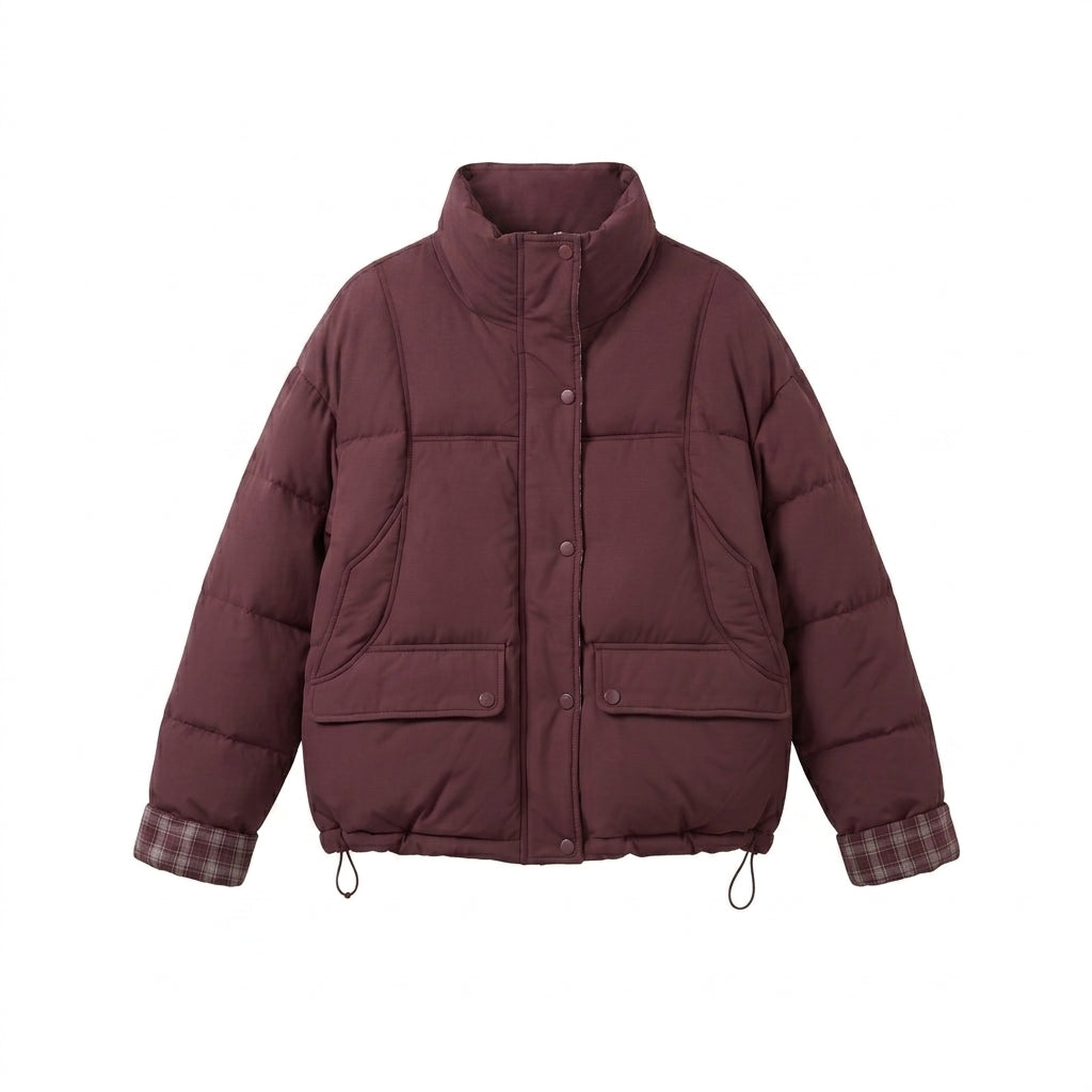Dam Kort Vadderad Boxig Blouson med Checked Foder, Hög Krage och Patch Lock Fickor