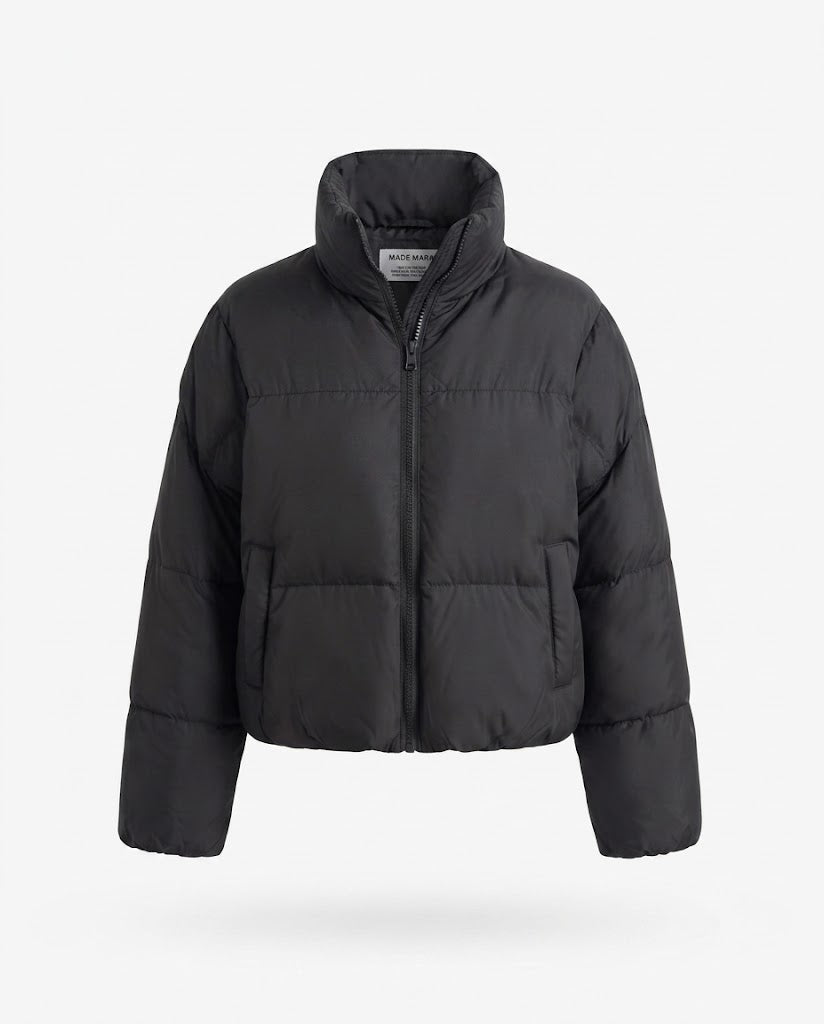 Dam Kort Vadderad Boxig Puffer med Two-Layer Stå Krage och Dold Dragkedja Knäppning