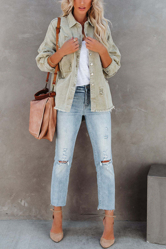 | Revers Lång ärm Ripped denimjacka