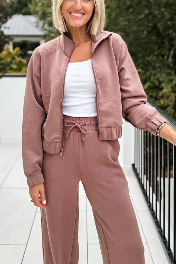 | Sleek Hel Dragkedja Jacka och Hög Midja Elastisk Band Fickor Lös Passform Sweatpants Set