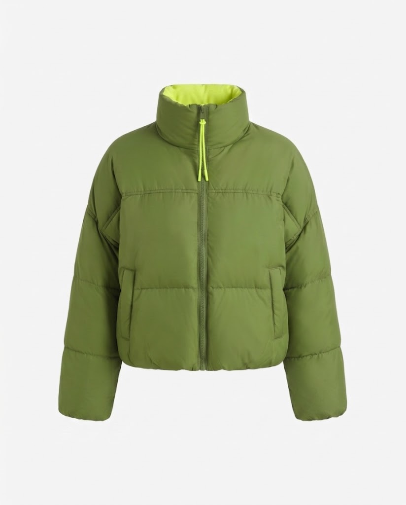 Dam Kort Vadderad Boxig Puffer med Two-Layer Stå Krage och Dold Dragkedja Knäppning
