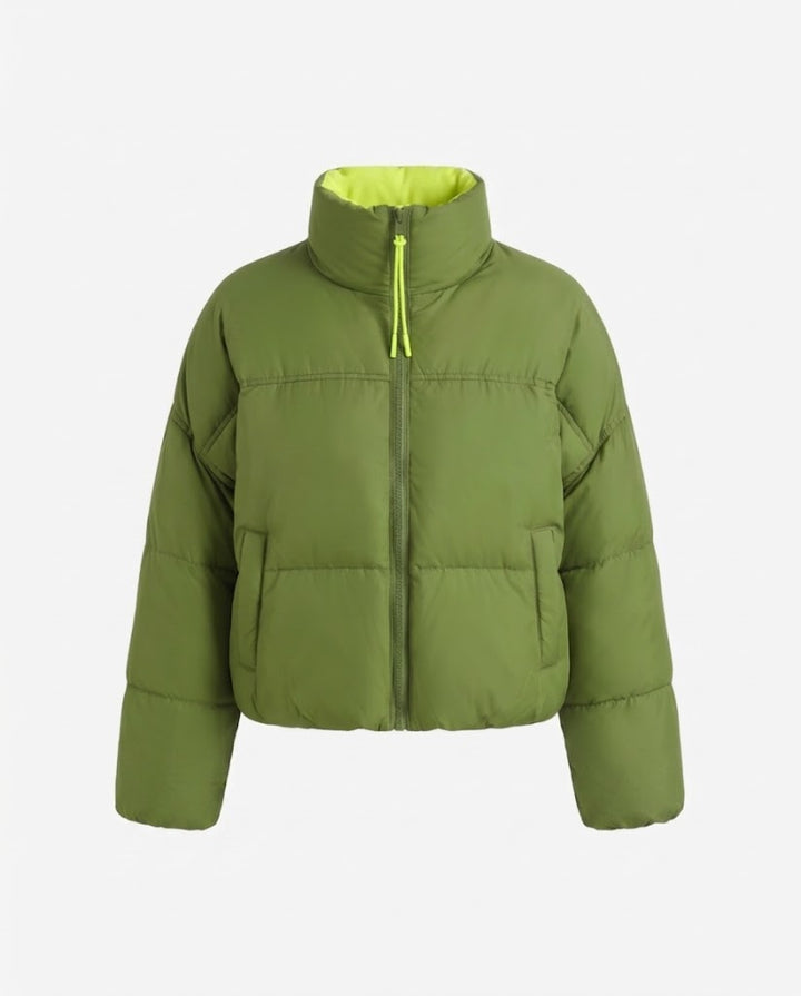 Dam Kort Vadderad Boxig Puffer med Two-Layer Stå Krage och Dold Dragkedja Knäppning