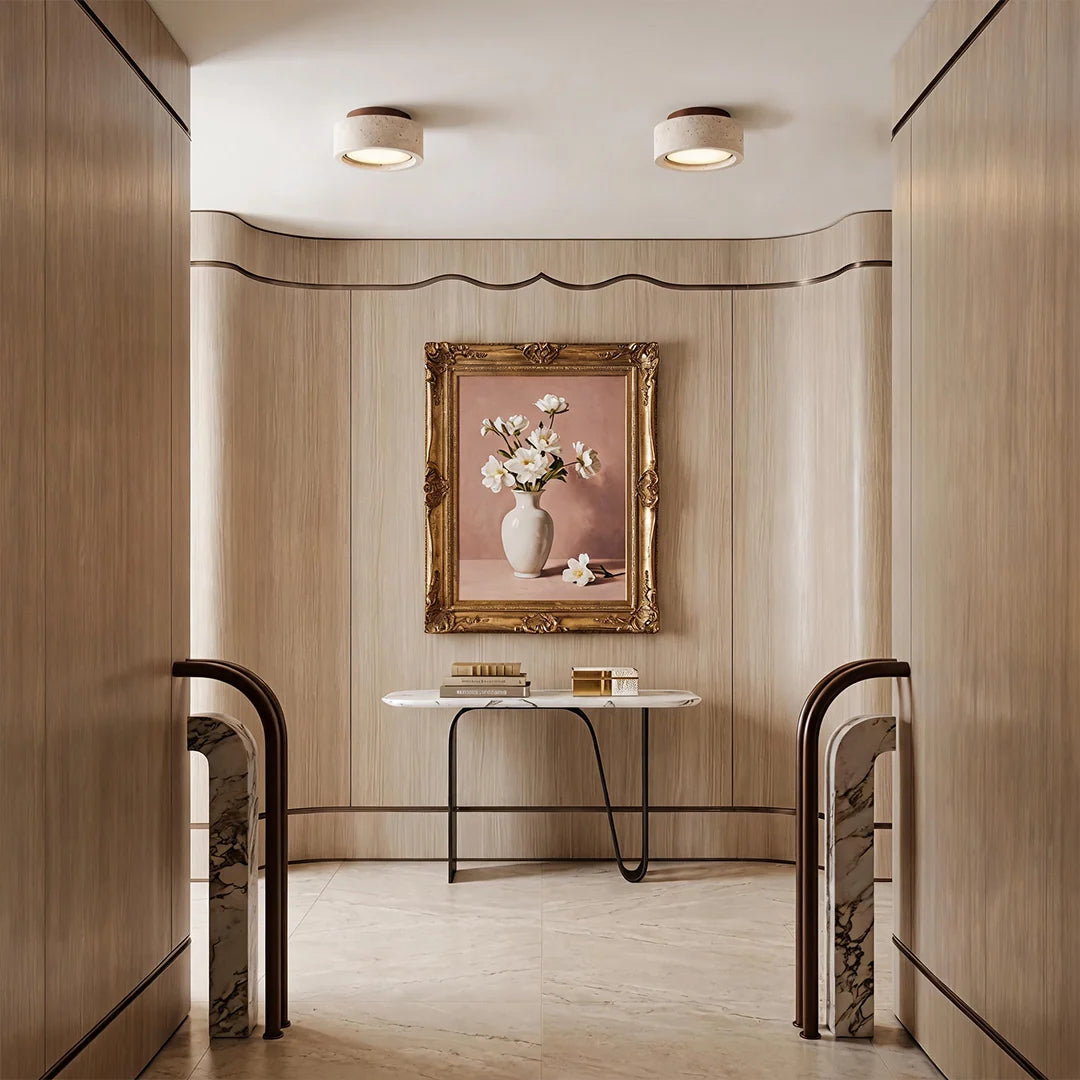 Flush Mount Entry Light Wabi-Sabi Travertine and Wood LED Light