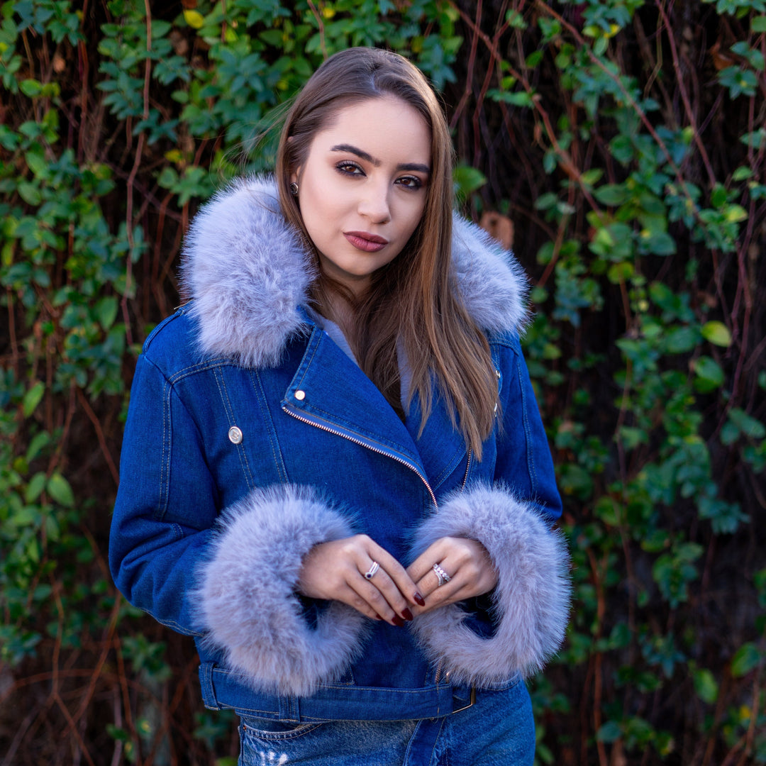 | denimjacka med Fusk Päls Krage