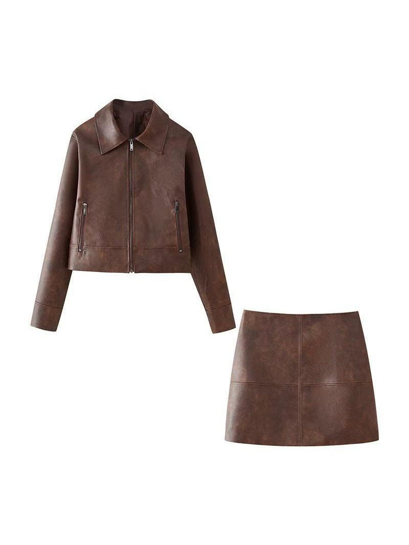 | Läder Jacka &amp; Kort Kjol Coordination Set