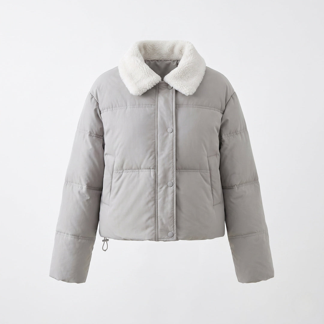 Dam Kort Vadderad Puffer med Teddy Krage, Dold Tryckknapp Knapp Knäppning och Travel Insulation