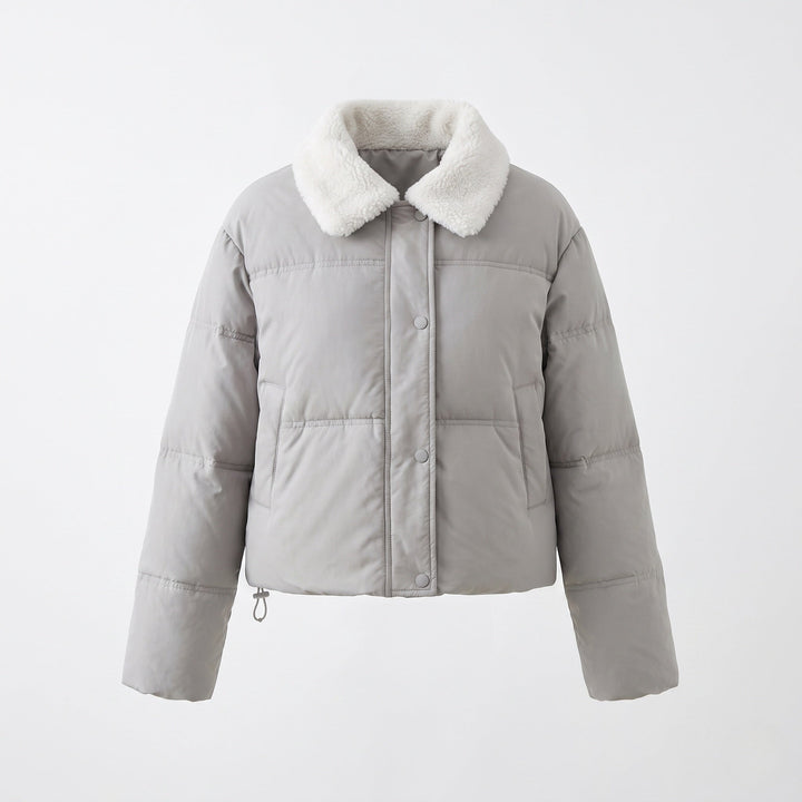 Dam Kort Vadderad Puffer med Teddy Krage, Dold Tryckknapp Knapp Knäppning och Travel Insulation