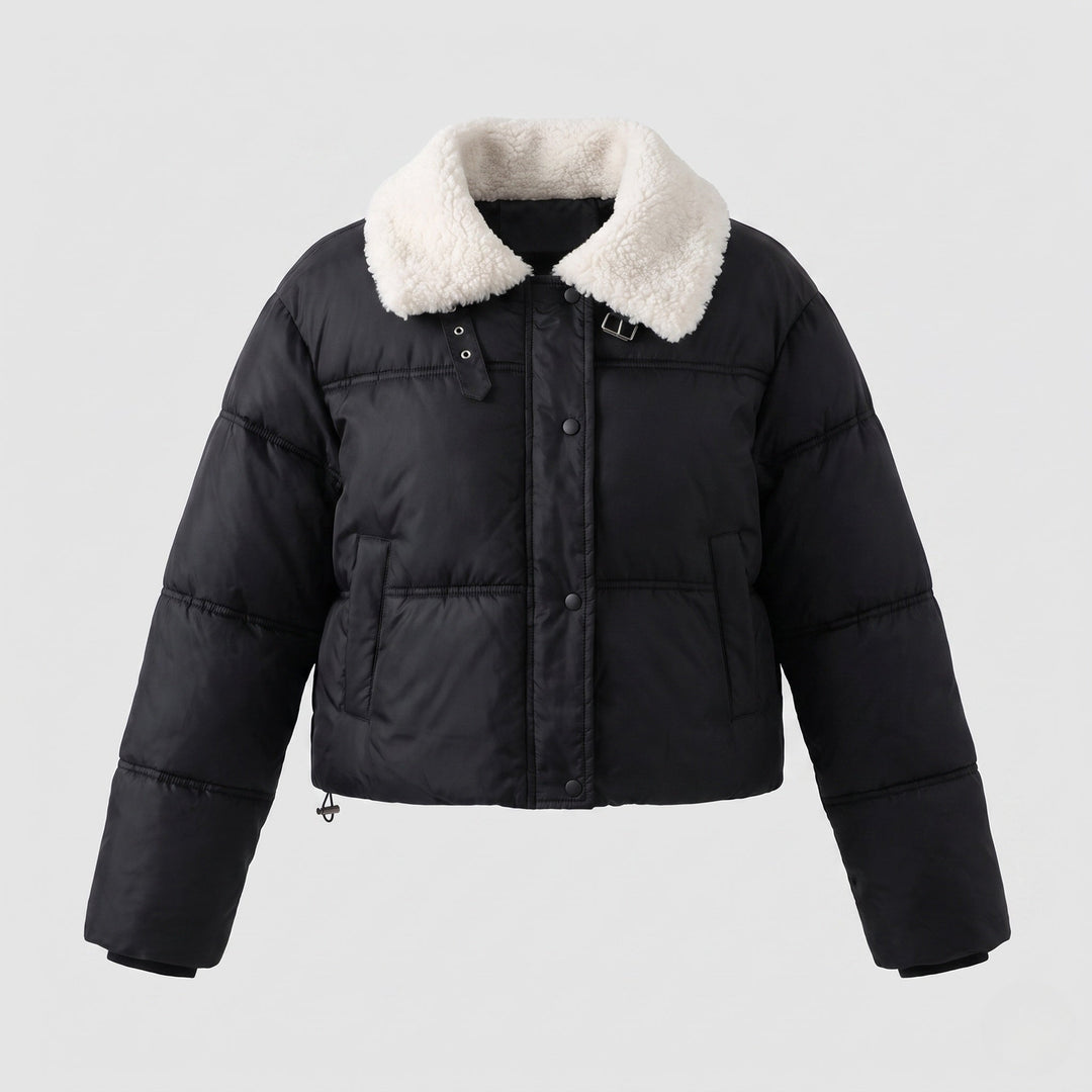 Dam Kort Vadderad Puffer med Teddy Krage, Dold Tryckknapp Knapp Knäppning och Travel Insulation