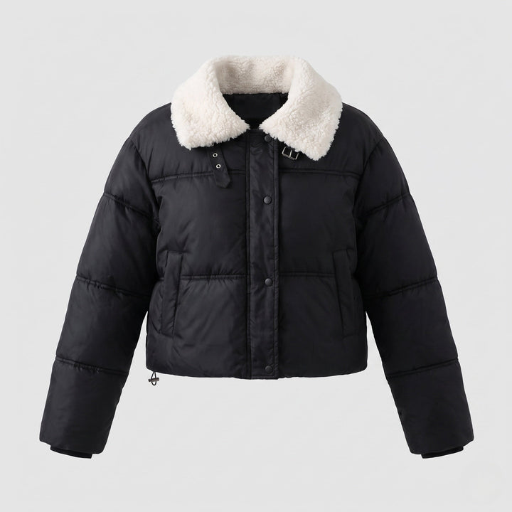 Dam Kort Vadderad Puffer med Teddy Krage, Dold Tryckknapp Knapp Knäppning och Travel Insulation