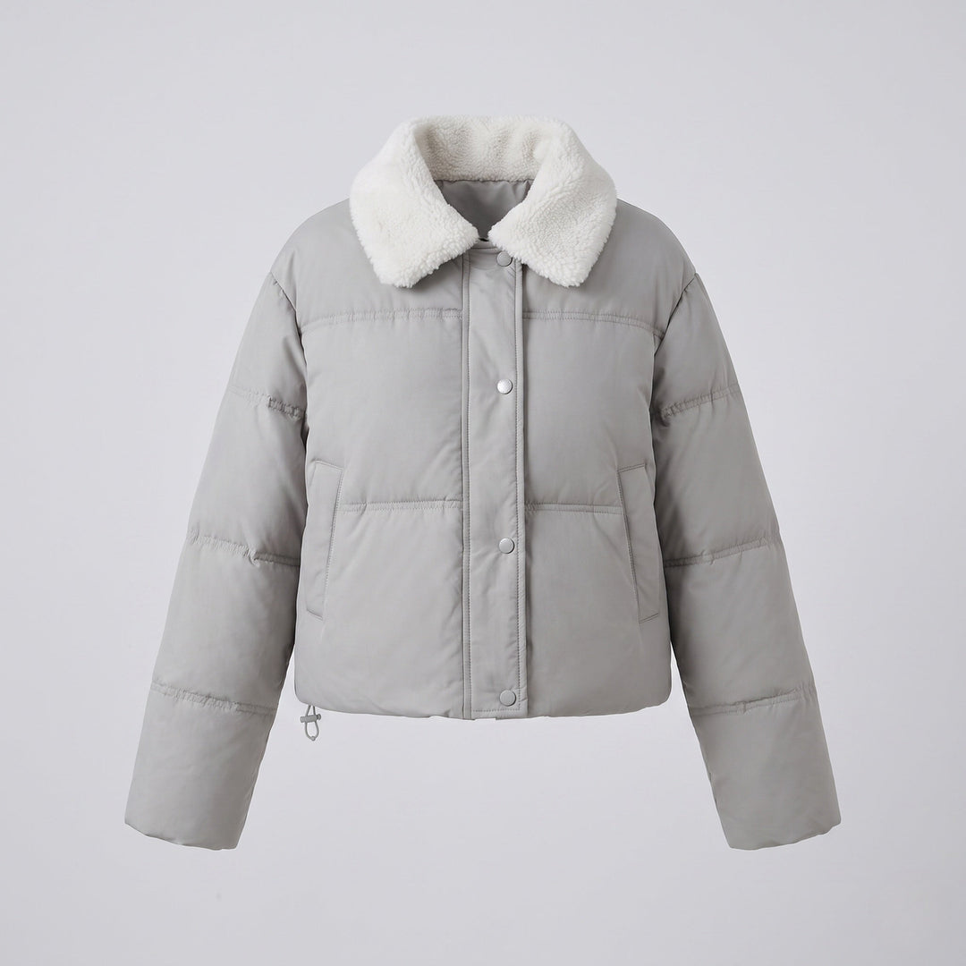 Dam Kort Vadderad Puffer med Teddy Krage, Dold Tryckknapp Knapp Knäppning och Travel Insulation