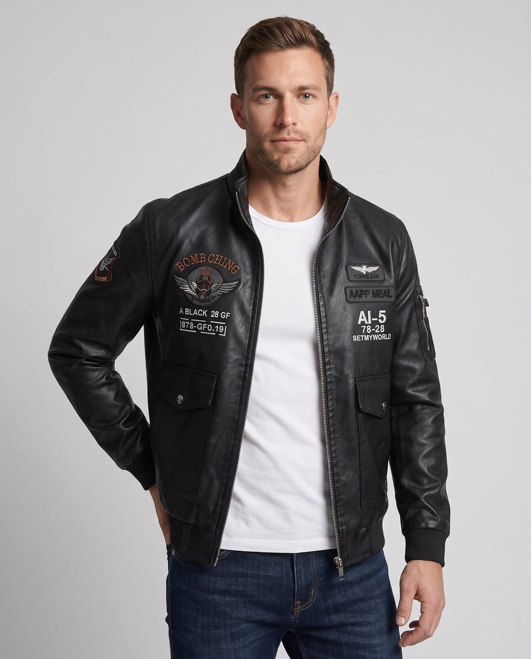 Herr Fashion Konstläder Jacka med Embroidery