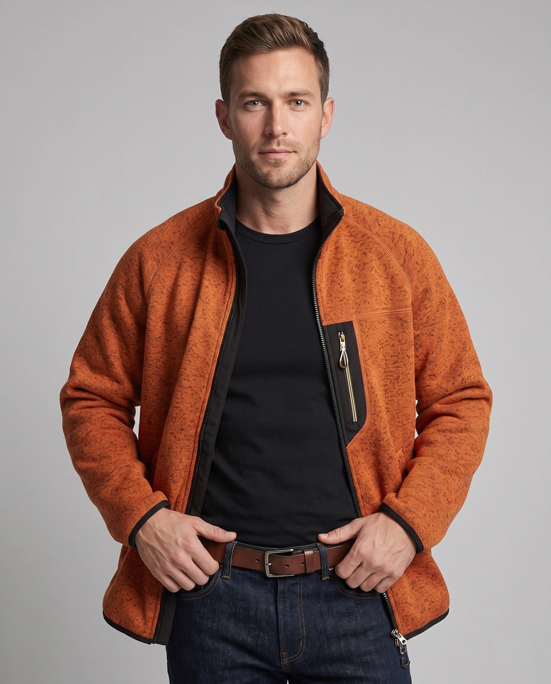 Herr Oversize Zip-Softshell-Fleece Jacka i Utility Look med Standing Krage och Kontrast Dragkedja