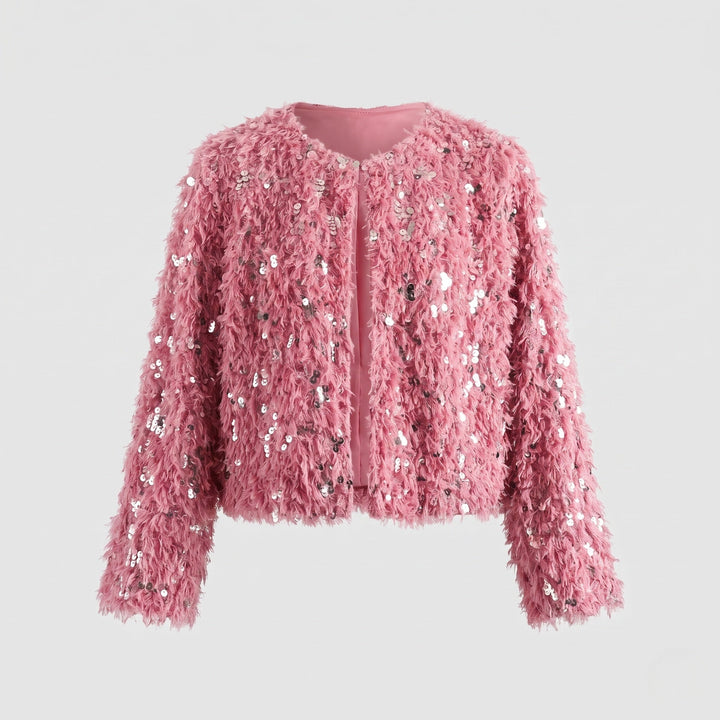 Dam Kort Sequin Teddy Jacka i Konstpäls Look med Round Neckline och Foder