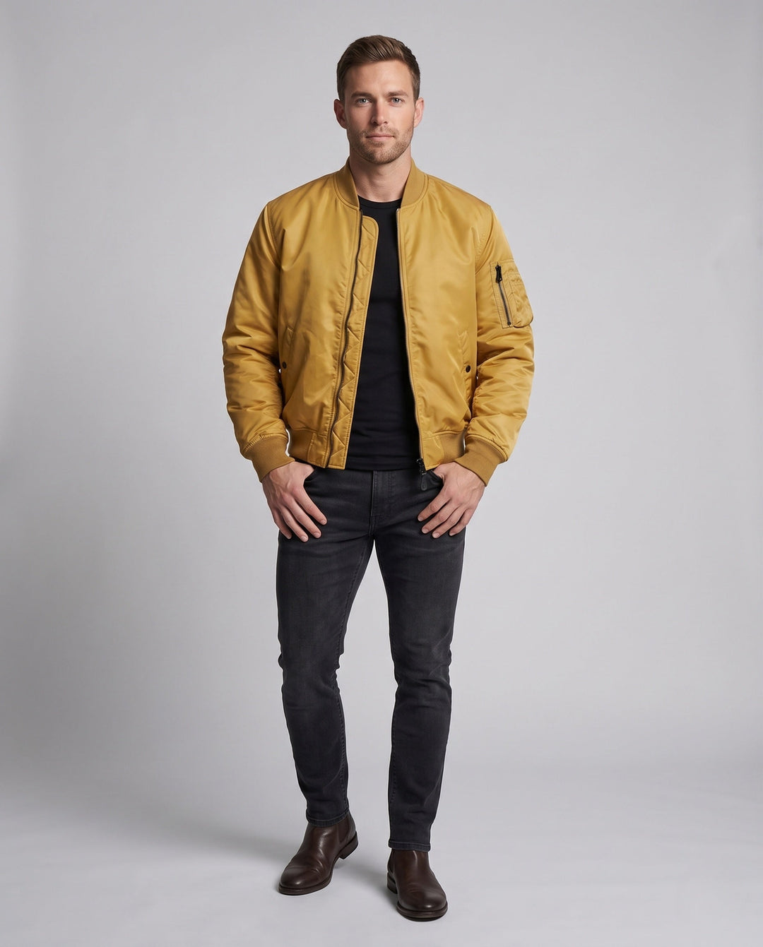 Herr nylon bomberjacka i aviator stil med quiltad termo foder och ärm funktion ficka