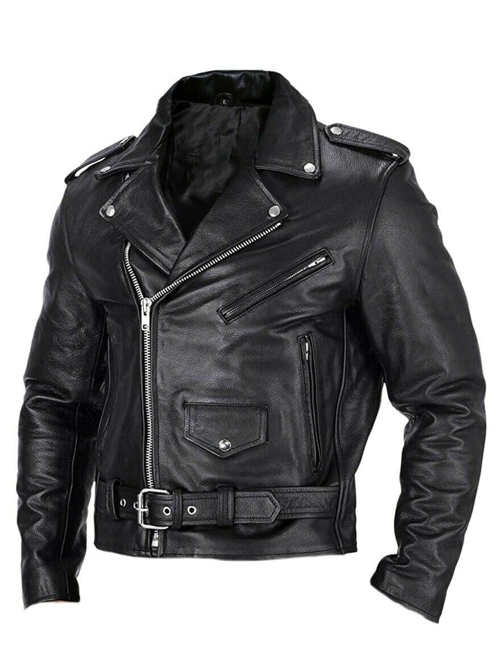 Eloura-Moda | slim passform Läder Motorcycle Jacka för Herr med ståkrage