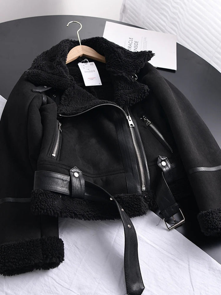 | Dam Läder Jacka med Shearling Foder Asymmetrical Dragkedja Belt
